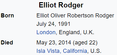 "Elliot Oliver Robertson Rodger" = 347 (English Ordinal)