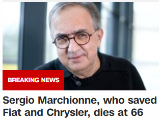 Sergio Marchionne, who saved Fiat and Chrysler, dies at 66