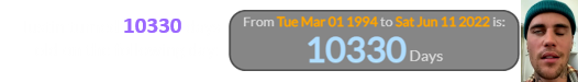 Justin turned 10330 days old on the following day: