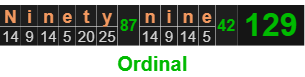 "Ninety nine" = 129 (Ordinal)