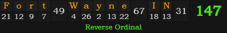 "Fort Wayne, IN" = 147 (Reverse Ordinal)