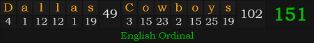 "Dallas Cowboys" = 151 (English Ordinal)