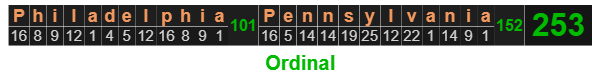 Philadelphia, Pennsylvania = 253 Ordinal
