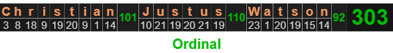 Christian Justus Watson = 303 Ordinal