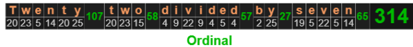 Twenty-two divided by seven = 314 Ordinal
