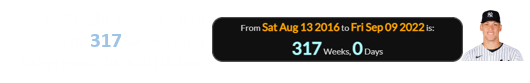 Last night was a span of exactly 317 weeks after Judge made his MLB debut: