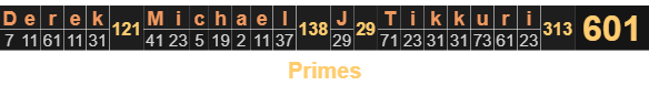 Derek Michael J. Tikkuri = 601 Primes