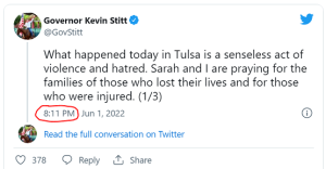 What happened today in Tulsa is a senseless act of violence and hatred. Sarah and I are praying for the families of those who lost their lives and for those who were injured.