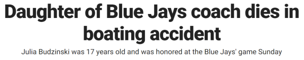 Daughter of Blue Jays coach dies in boating accident