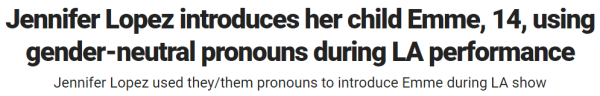 Jennifer Lopez introduces her child Emme, 14, using gender-neutral pronouns during LA performance Jennifer Lopez used they/them pronouns to introduce Emme during LA show