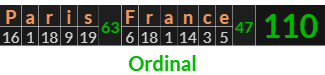 "Paris France" = 110 (Ordinal)