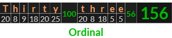 "Thirty three" = 156 (Ordinal)