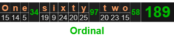 "One sixty two" = 189 (Ordinal)