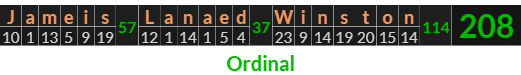 "Jameis Lanaed Winston" = 208 (Ordinal)