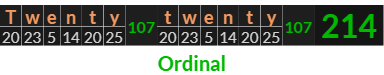 "Twenty twenty" = 214 (Ordinal)