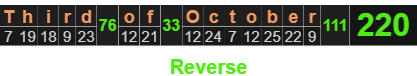 "Third of October" = 220 (Reverse)