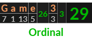 "Game 3" = 29 (Ordinal)