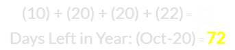 (10) + (20) + (20) + (22) = 72 and October 20th leaves 72 days