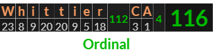 "Whittier CA" = 116 (Ordinal)