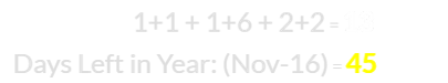 1+1 + 1+6 + 2+2 = 13 and November 16th leaves 45 days on the calendar