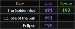 The Golden Boy = 691 and 192, Eclipse of the Sun = 691, and Eclipse = 192