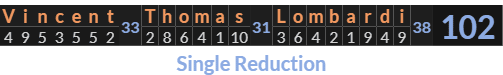 "Vincent Thomas Lombardi" = 102 (Single Reduction)