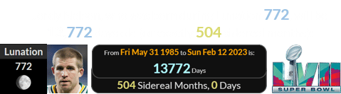 Jordy Nelson, who was born during Lunation 772, will be 13,772 days old (or exactly 504 sidereal months):