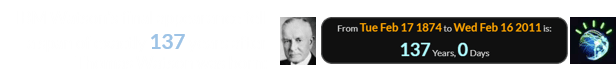 IBM Watson’s final appearance fell a span of exactly 137 years after Thomas Watson was born: