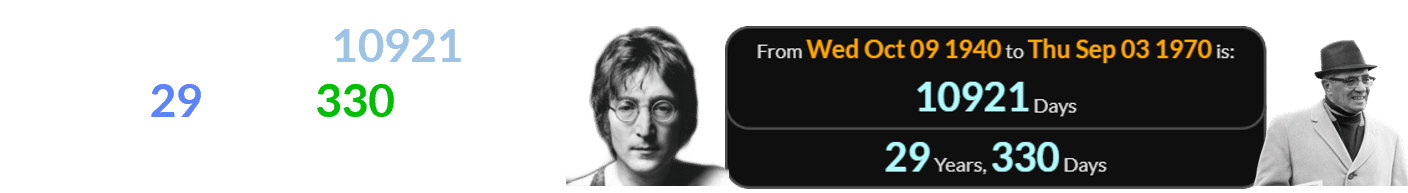 John Lennon was 10921 days (or 29 years, 330 days) old when Vince Lombardi died: