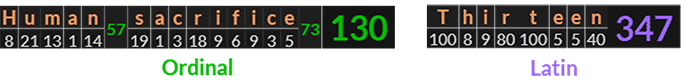 "Human sacrifice" = 130 (Ordinal) and "Thirteen" = 347 (Latin)