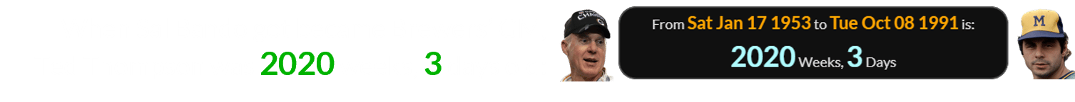 When Sal Bando got became Brewers’ GM, Ted Thompson was 2020 weeks, 3 days old: