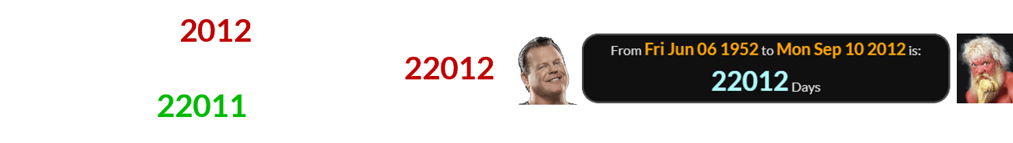 Lawler’s 2012 heart attack occurred when Booker would have been 22012 days old (or 22011 without the end date):