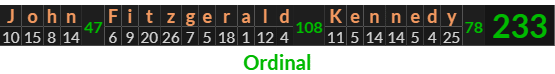 "John Fitzgerald Kennedy" = 233 (Ordinal)