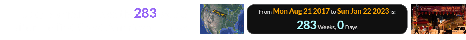 Today is a span of exactly 283 weeks after the first Great American Eclipse: