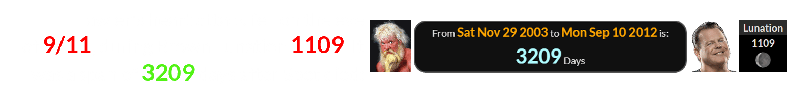 Lawler's heart attack fell on the eve of 9/11, during Brown Lunation 1109. It was a span of 3209 days after Spot died: