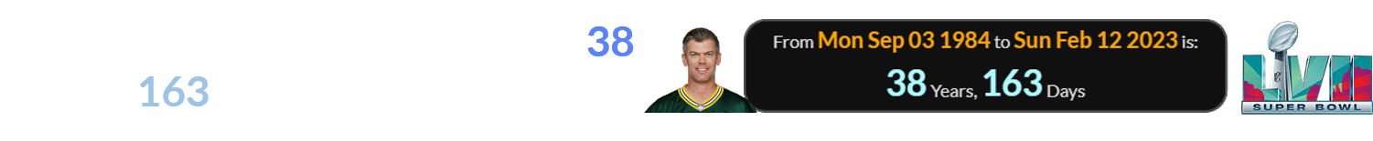 Mason Crosby will be a span of 38 years, 163 days old for the Super Bowl: