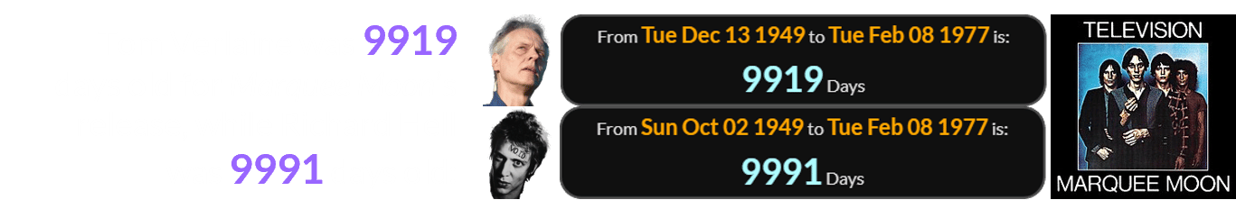 Tom Verlaine was 9919 days old for Marquee Moon’s release, while Richard Hell was 9991 days old: