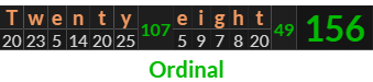 "Twenty eight" = 156 (Ordinal)