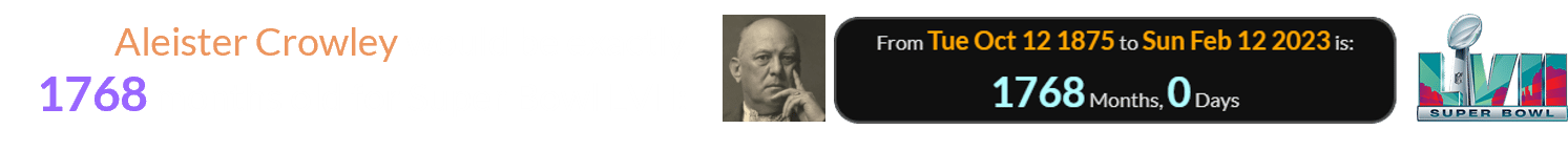 Aleister Crowley would be exactly 1768 months old for Super Bowl LVII: