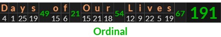 "Days of Our Lives" = 191 (Ordinal)