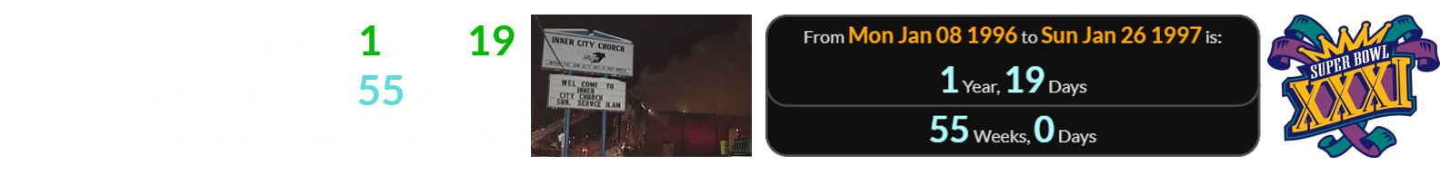 The fire was a span of 1 year, 19 days (or exactly 55 weeks) before Super Bowl XXXI: