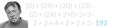 (2) + (24) + (20) + (23) = 69, (2) + (24) + 2+0+2+3 = 33, and 2 × 2 × 4 × 2 × 2 × 3 = 192