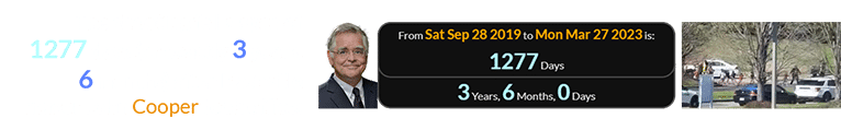 The shooting fell a span of 1277 days (or exactly 3 years, 6 months) after Nashville mayor John Cooper took office: