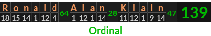 "Ronald Alan Klain" = 139 (Ordinal)