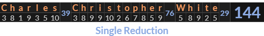 "Charles Christopher White" = 144 (Single Reduction)