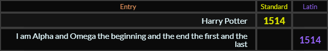 Harry Potter = 1514 Standard, I am Alpha and Omega the beginning and the end the first and the last = 1514 Latin