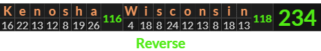 "Kenosha Wisconsin" = 234 (Reverse)