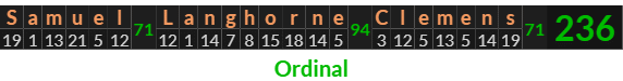 "Samuel Langhorne Clemens" = 236 (Ordinal)