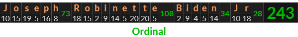 "Joseph Robinette Biden Jr" = 243 (Ordinal)