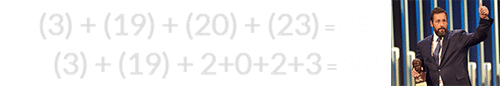 (3) + (19) + (20) + (23) = 65 and (3) + (19) + 2+0+2+3 = 29